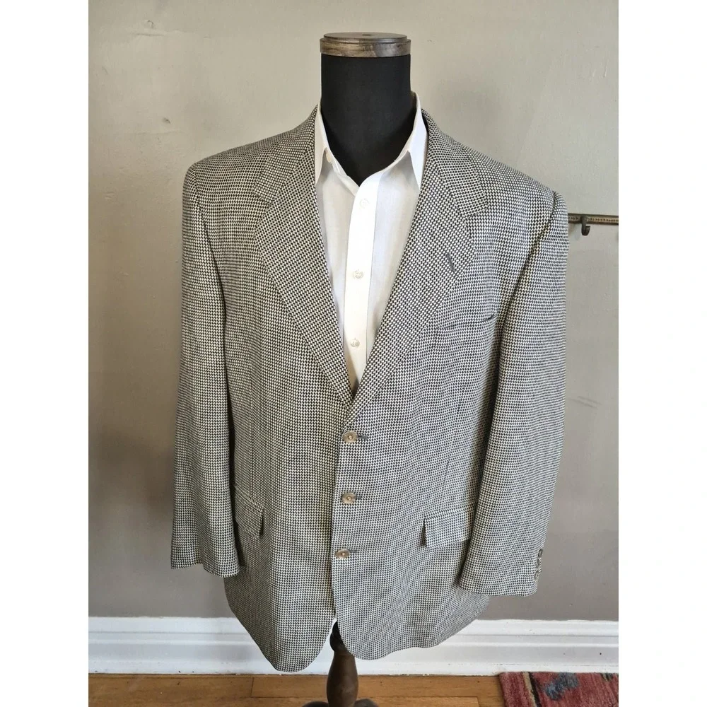Jeffrey Banks Mens Wool Silk Sport Coat 36L Blue Cream Geometric 3 Button Jacket